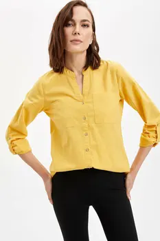 

DeFacto Woman Spring Bright Yellow Top Shirts Women V-neck Shirts Female Pocket Long Sleeve Shirt-L6492AZ20SP