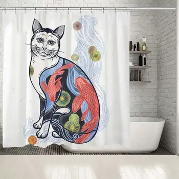 

Shower Curtain Happy Japanese Cat Festivale Traditional Art with Flowers and Fish Symbol Harmony of Black Yellow Red Blue