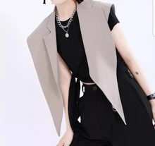Split-Joint-Vest Spring Irregular Black EAM Women Fashion Sleeveless Loose Khaki Summer