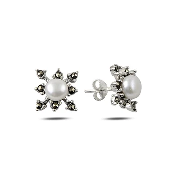 

Silver 925 Sterling Pearl & Marcasite Earrings