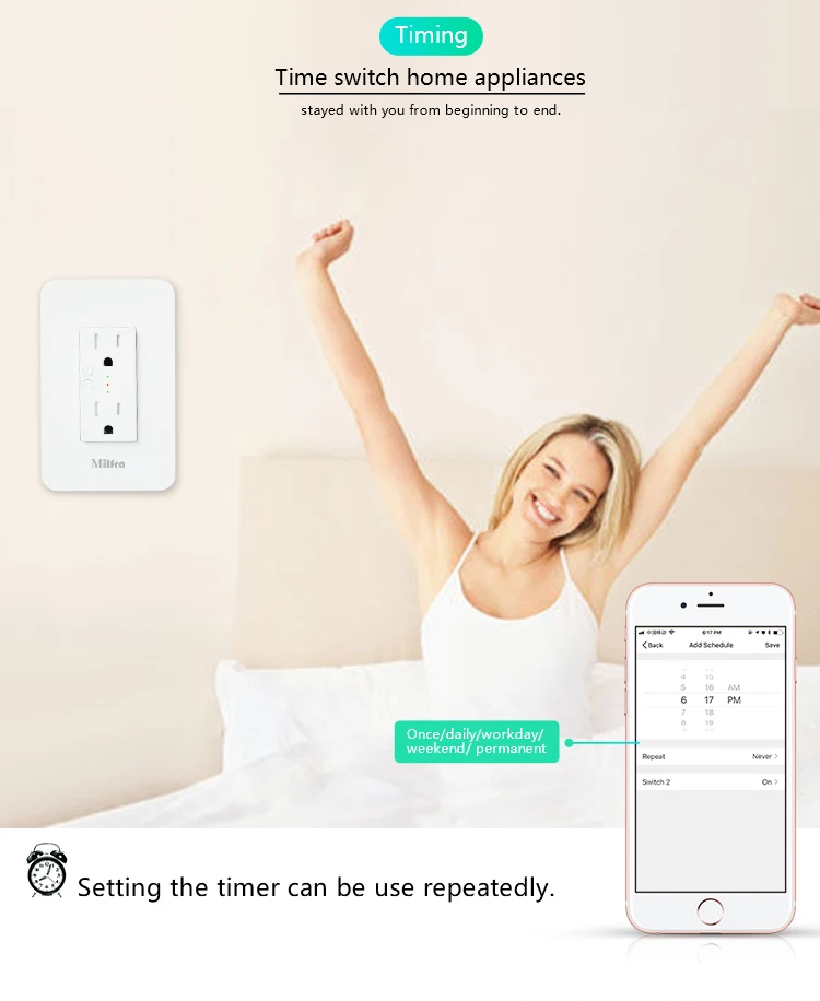Milfra US Smart inWall Outlet Switch Timer Power Wifi Socket with