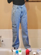 Weekeep-Pantalones vaqueros de cintura alta para mujer, ropa de calle recta para mujer, pantalones cargo de algodón 100% con bolsillos de retazos color azul