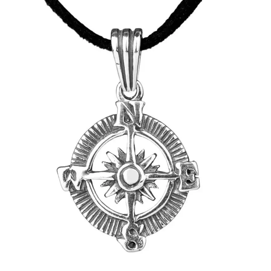 

925 Sterling Silver Compass Pendant Necklace (Leather Cord) Fashion Turkish Premium Quality Handmade Jawelery