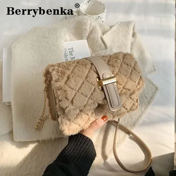 

Berrybenka Faux Fur Soft Crossbody Bags for Women 2021 New Winter Branded Shoulder Bag Lady Trending Chain Handbags and Purses