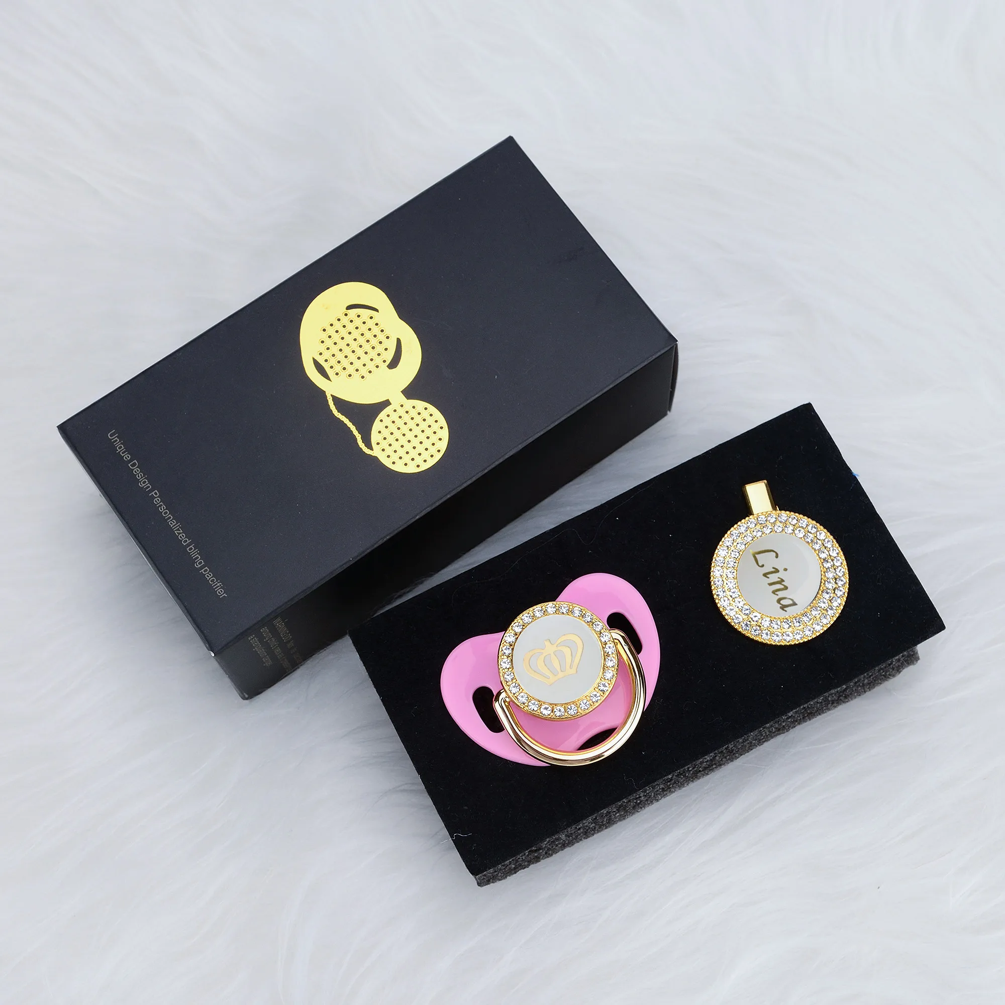 MIYOCAR custom name pacifier clip bling white crown pacifier and pacifier clip set luxurious unique gift PCW