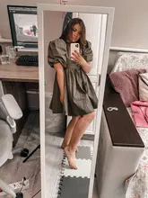 Mini Dress Lantern Short-Sleeve OOTN A-Line Pink Elegant Green Cotton Casual Women Ladies