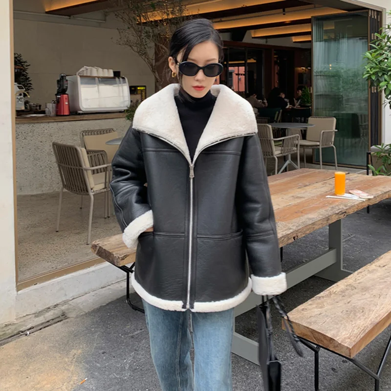 Women's Warm Real Shearling Coat Winter Double Face Lamb Fur Lining Thick Coat Real Sheepskin Leather Jackets MH3894L