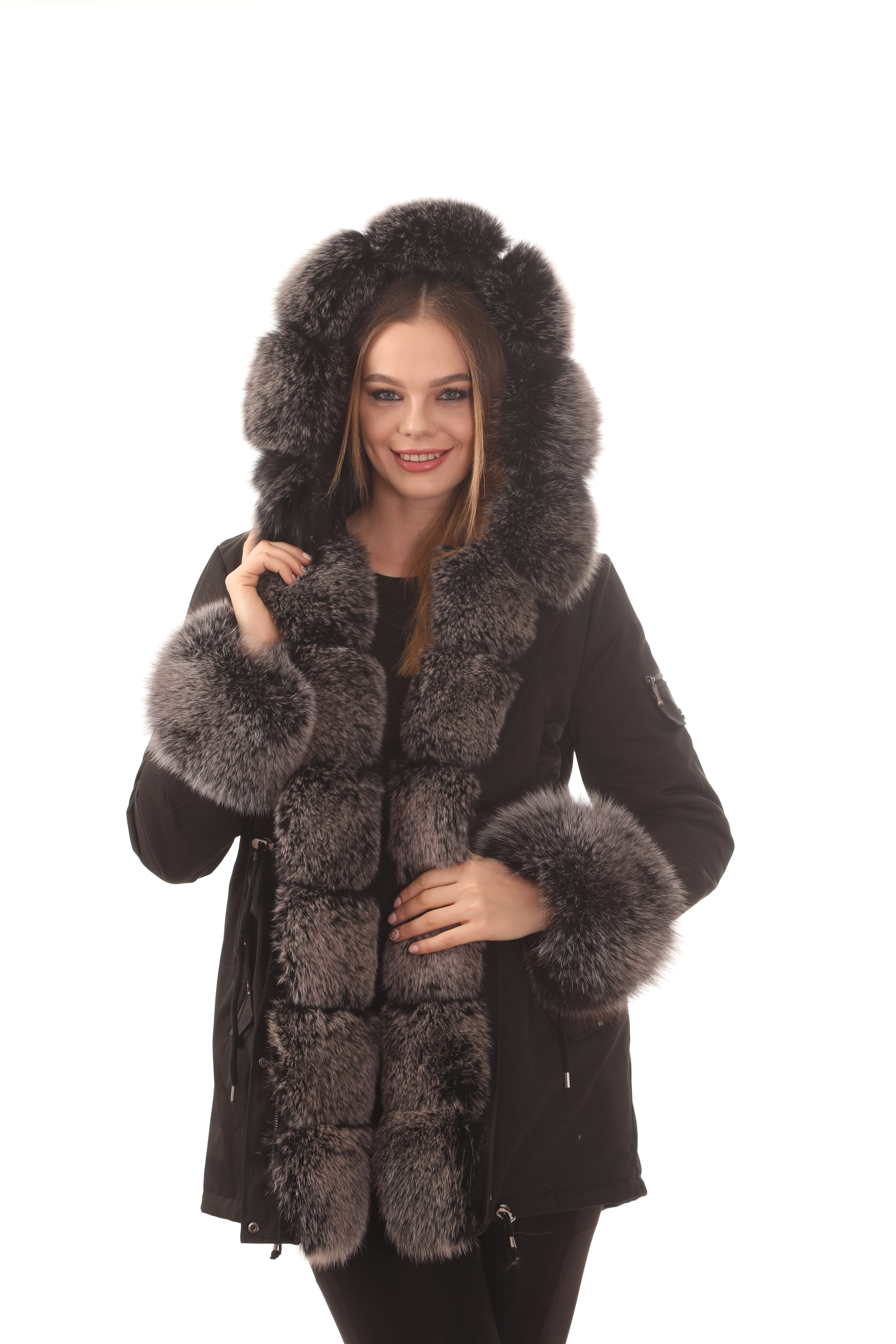 womens long black puffer coat WOMEN FUR JACKET SHORT  FOXFUR BLACK  HOODED FUR POCKETS COAT down puffer coat