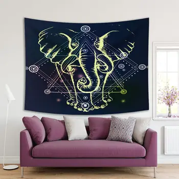 

Tapestry Elephant and Sacred Geometry Line Art on Dark Background Boho Hipster Style Print Navy Yellow