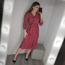 Autumn Winter Dot Bandage Dress Women Casual Ruffles V Neck High Waist Slim Print Long