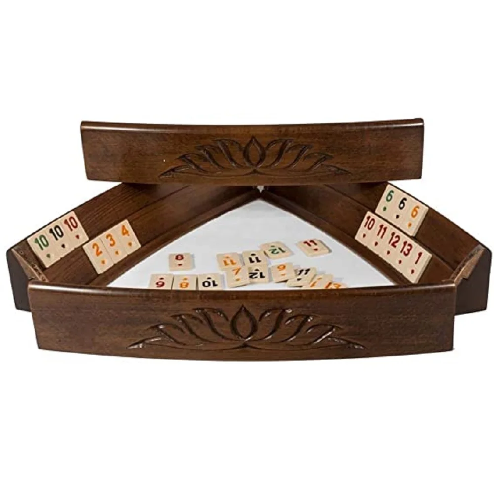 

Hand Carved Curved Natural Wooden Okey Game Set with Faux Leather Bag Game Exclusive Okey Set