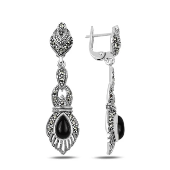 

KUTAYDAN Marcasite & Onyx Stone Dangle Earrings 925 Sterling Silver