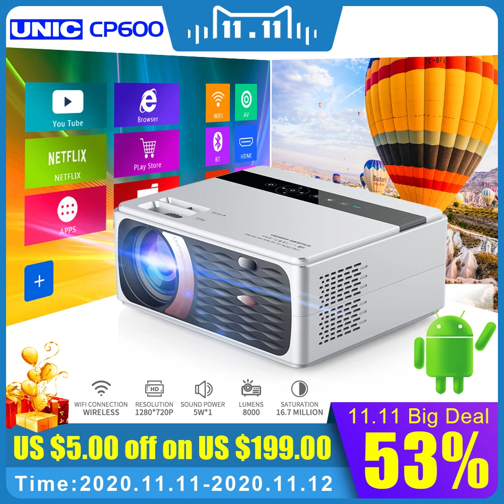 UNIC CP600/C600 55W Full HD поддержка 1080P проектор 4K 8000 Люмен кинотеатр для Android WiFi hdmi VGA AV USB