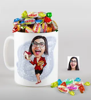 

Personalized Women 'S Estate Agent Caricature Of mug And Haribo Fruitbons Candy Gift Seti-2