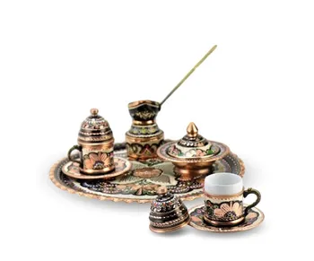 

Rose Flower Copper 2 Coffee Set - 2 Cups 1 Tray 1 Coffee Pot 1 Turkish Delight - Handcrafted - Fabulous Quality - Unique Set