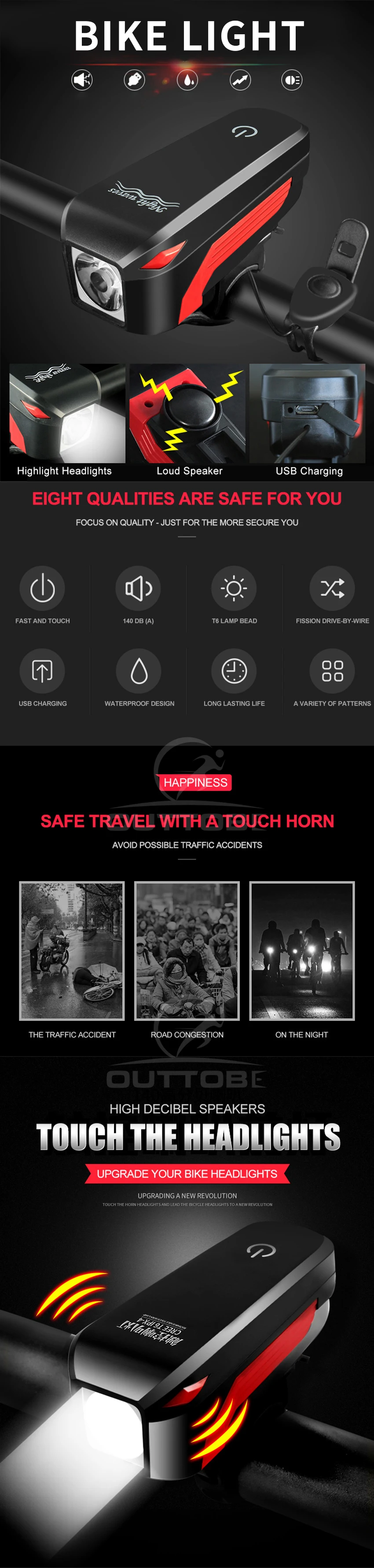 Outtobe USB Bike Light Set Bicycle Headlight and Free Tail Light Waterproof  LED Bicycle Front Head Light Taillight Torch Flash