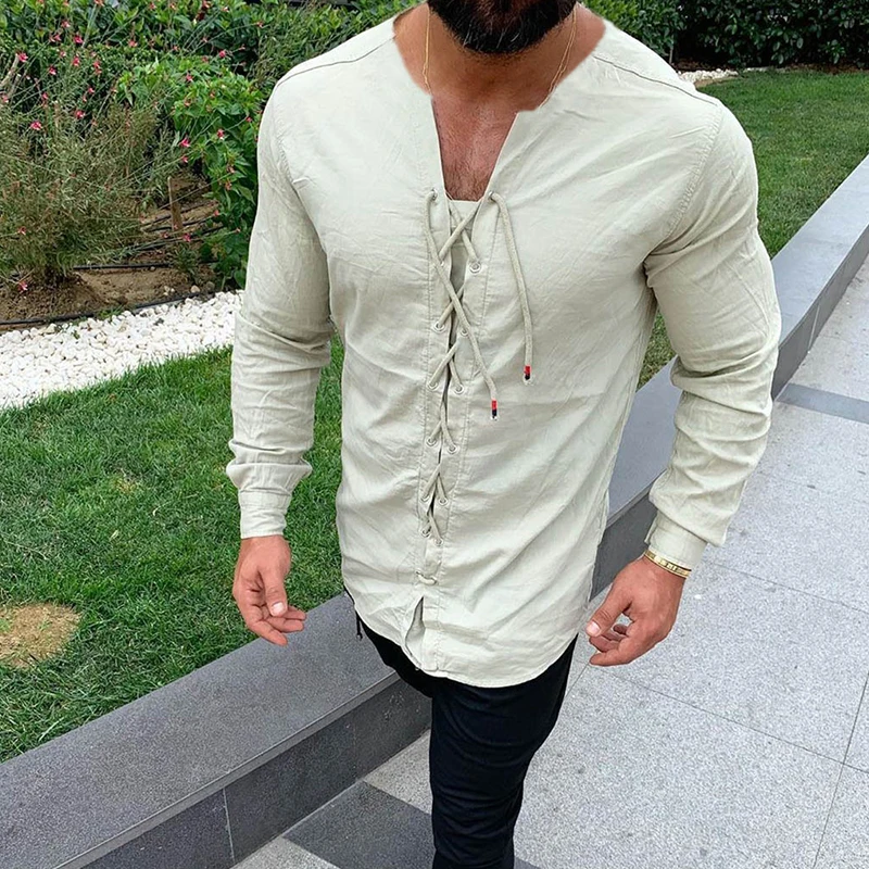  Men's Casual Pure Colour Tether Cotton Linen Shirts Slim Fit Social Harajuku Blouses Round Neck Mal