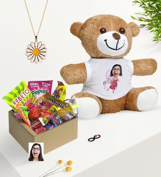 

Personalized Women 'S Caricature Of Nostalgic Lezzetler Plush Teddy Bear Daisy Necklace Gift Seti-23