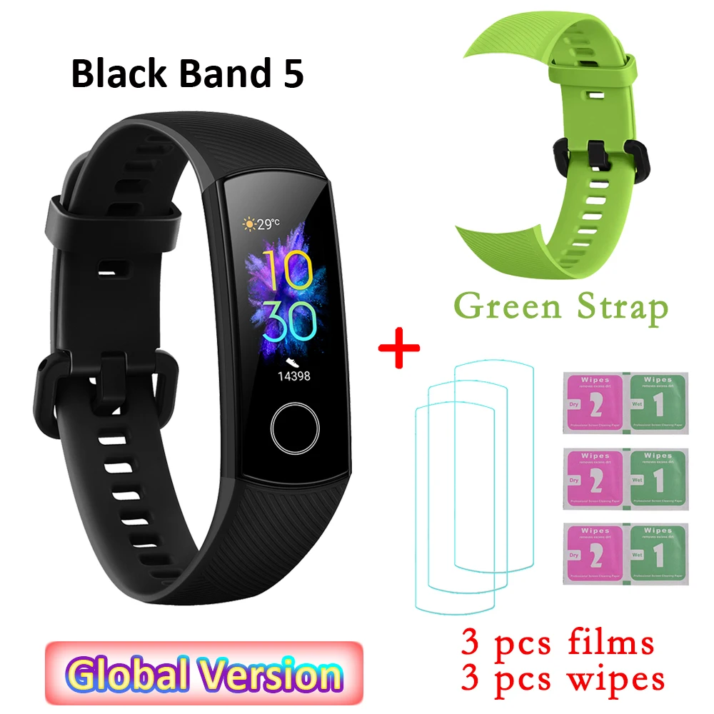 Global Versio huawei Honor Band 5 4, умный Браслет, умный браслет, шагомер, сенсорный экран, для плавания, сердечного ритма, сна, монитор - Цвет: GR strap and 3 films