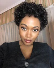Wig Wave-Wigs Virgin-Short Curly Bob Lace-Front Transparent Pixie-Cut Black Deep-Water