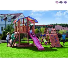 Набор для игровой площадки: детский домик с песочницей, тентом, горкой, качелей и сдвоенными кольцами