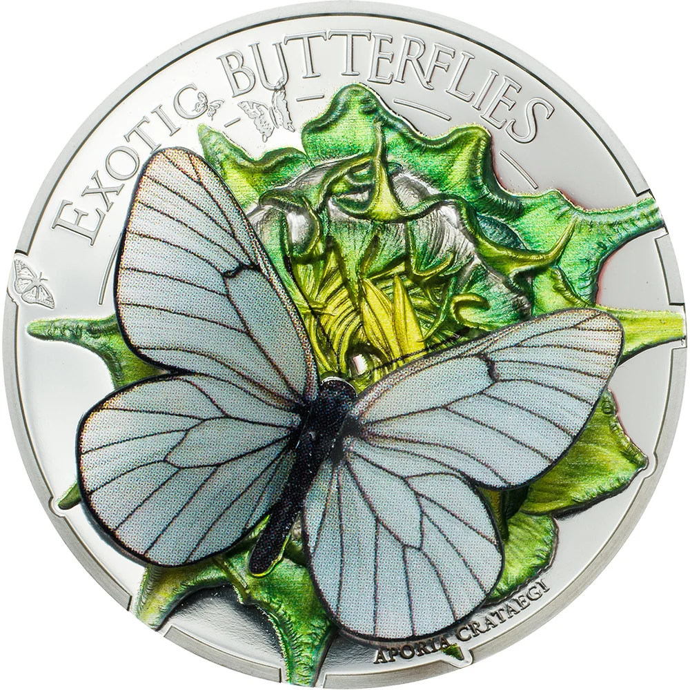 APORIA CRATAEGI Butterfly 3D Exotic Butterflies Silver Coin 500 Togrog Mongolia