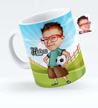 

Personalized Male Child Football Player Caricature Of White Mug Cup Big-Headed Fun Gift Each Cocuğa Special Design gift