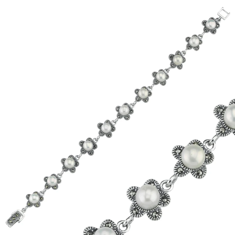 Серебряный 925 пробы Браслет из жемчуга и марказита