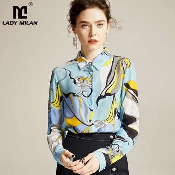 

100% Pure Silk Women's Runway Shirts Turn Down Collar Printed Long Sleeves Elegant Fashion Shirt Blouse