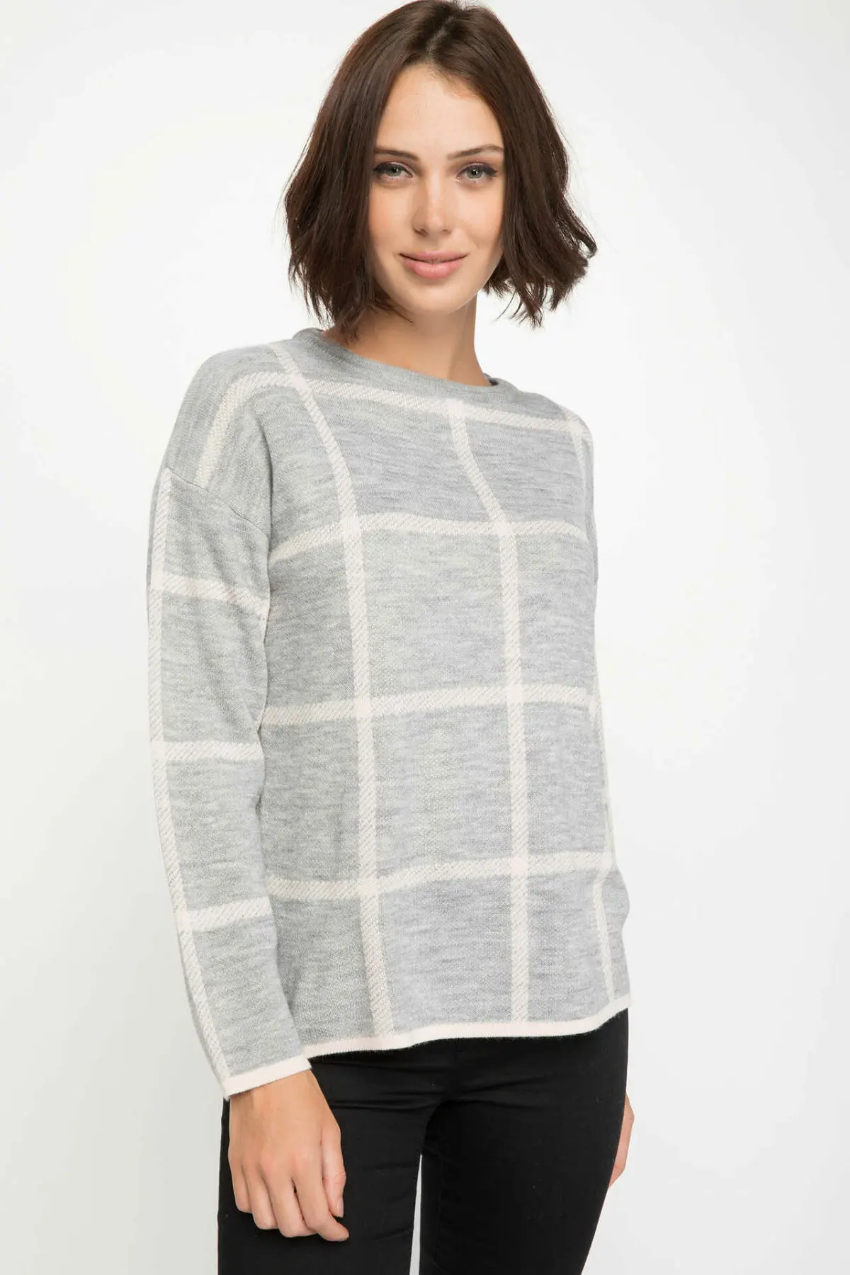 DeFacto Women Fashion Loose Plaid O-neck Knitted Pullovers Casual Long Sleeves Women Tops Autumn New-J2770AZ18WN