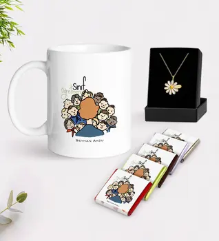

Personalized Class Teacher White Mug Chocolate and Is Daisy Necklace Gift Seti-3