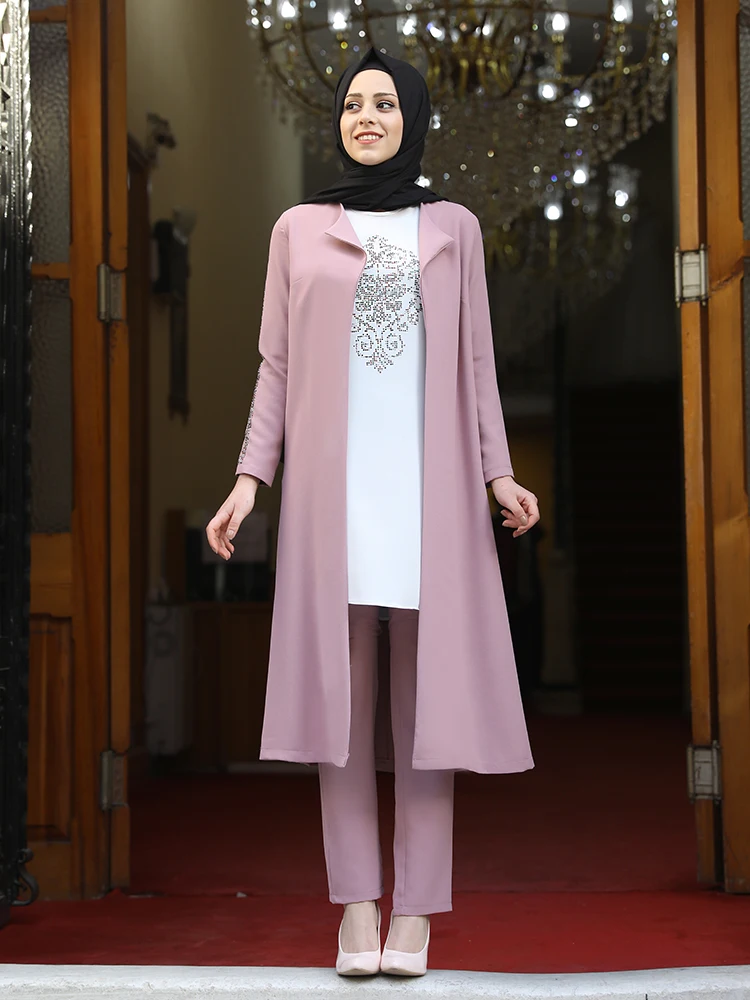 Traje de 3 piezas para mujer, chaqueta, pantalones tipo túnica, combinación, ropa musulmana islámica, elegante, de talla grande, Flexible, alta calidad, Turquía