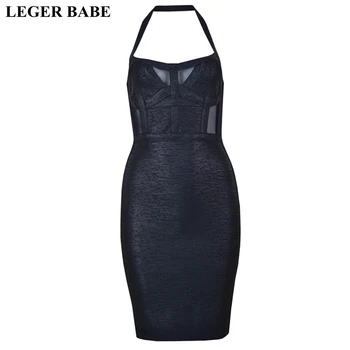 

LEGER BABE Autumn Black Foil Print Women Bandage Dress Celebrity Party Dress Sleeveless Halter Mesh Bodycon Vestidos Clubwear