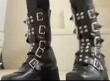 Botas altas de invierno con hebilla para mujer, zapatos de tacón de bloque de cuero, estilo gótico, Punk, con plataforma, Sexy