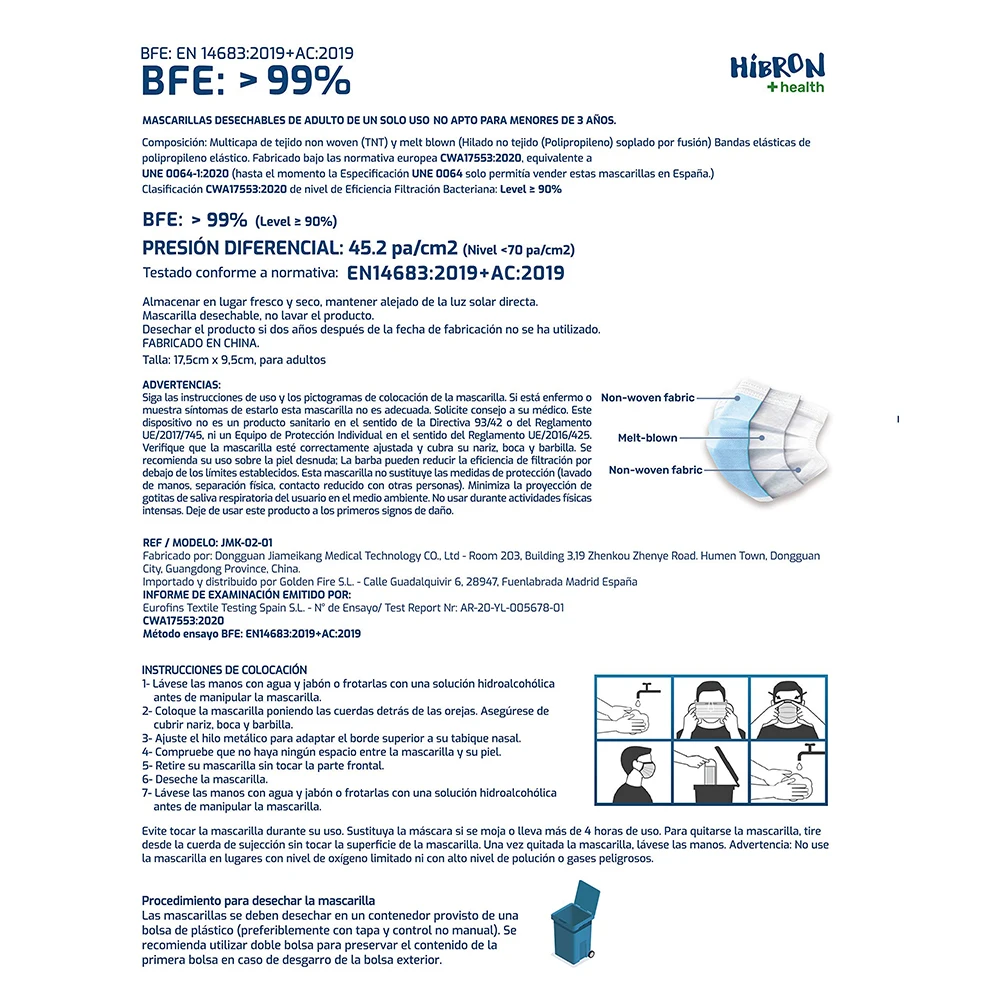 Détail des trois couches du masque jetable HIBRON, filtration efficace pour usage quotidien.