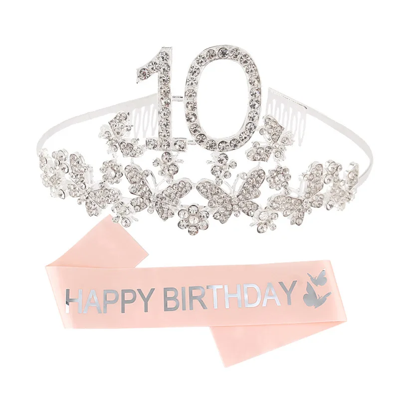10th 13th 16th 18th 21st Birthday Sash and Crown for Girl Silver Crystal Tiara and Satin Sash Birthday Party Decoration Supplies