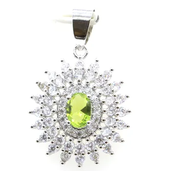 

33x21mm SheCrown Romantic Created Green Peridot White CZ Gift For Ladies Silver Pendant