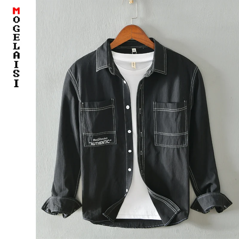 

Autumn fashion shirt men solid 100% cotton long sleeve shirt Multiple pockets high quality soft man clothing chemise homme 1209