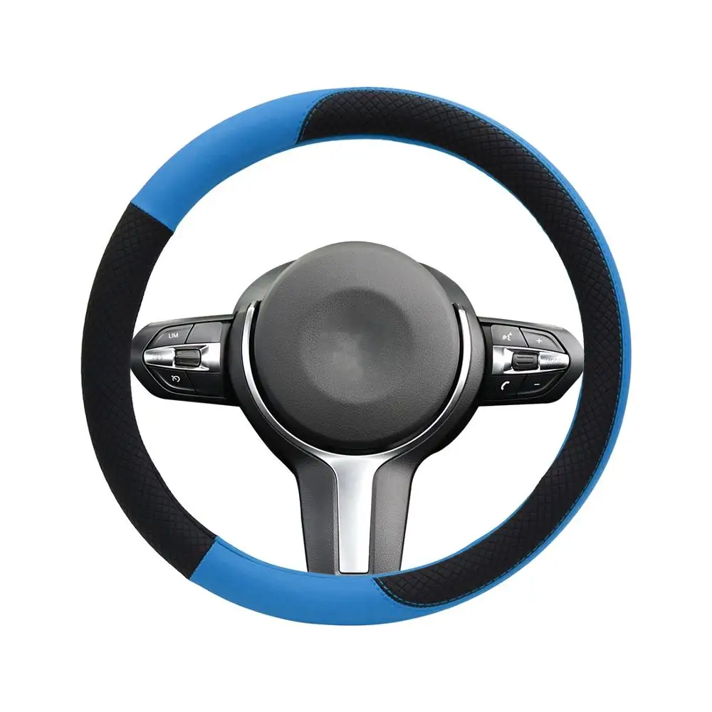 Black Blue Uxcell 1" 38 см Универсальный авто чехол рулевого колеса автомобиля искусственная кожа Ice Silk противоскользящая крышка рулевого колеса - Название цвета: Black Blue
