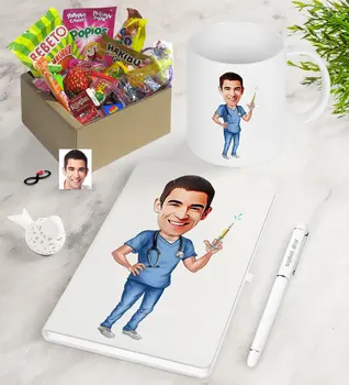

Personalized Mr Doctor Caricature Of Nostalgic Lezzetler Notebook Pen Mug Gift Seti-3