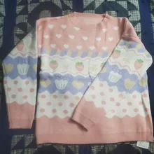 Suéter de punto Kawaii japonés para mujer, jersey de manga larga con estampado de fresa, Top de punto Rosa Vintage para Otoño e Invierno