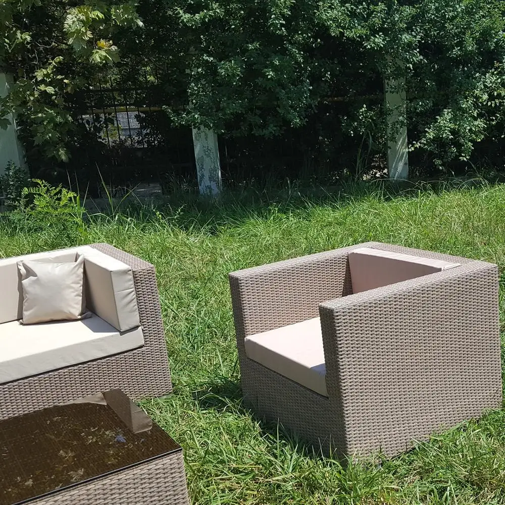 Outdoor furniture террасу braided faux rattan sofa, 2 chairs and table set with cushions Cube Маркоротанг Outdoor furniture террасу braided faux rattan sofa, 2 chairs and table set with cushions Cube Маркоротанг