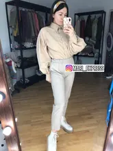 Señoras manga linterna blusa elegante camisa de las mujeres blanco negro Casual botón Vintage cuello Oficina camisa Mujer