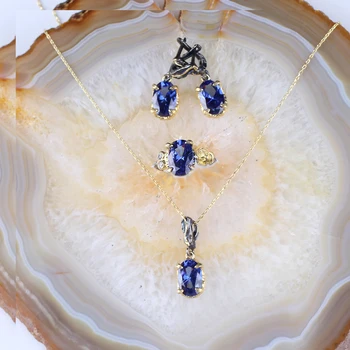 

Flower Shaped and Oval Tanzanite Silver Jewelry Set, Woman Handmade Blue Tanzanite 925 Silver Necklace+Earring+ring Sets