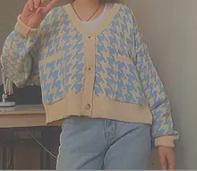 HEYounGIRL pata de gallo a cuadros estampado Cardigan mujeres otoño cuello V Vintage Top corto de punto suéter Casual suelto de punto de invierno