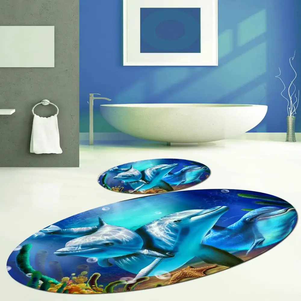 Else Blue Under Sea Swimming Dolphin Fish Oval 2 Pcs Pattern Sea Swimming Dolphin Fish
