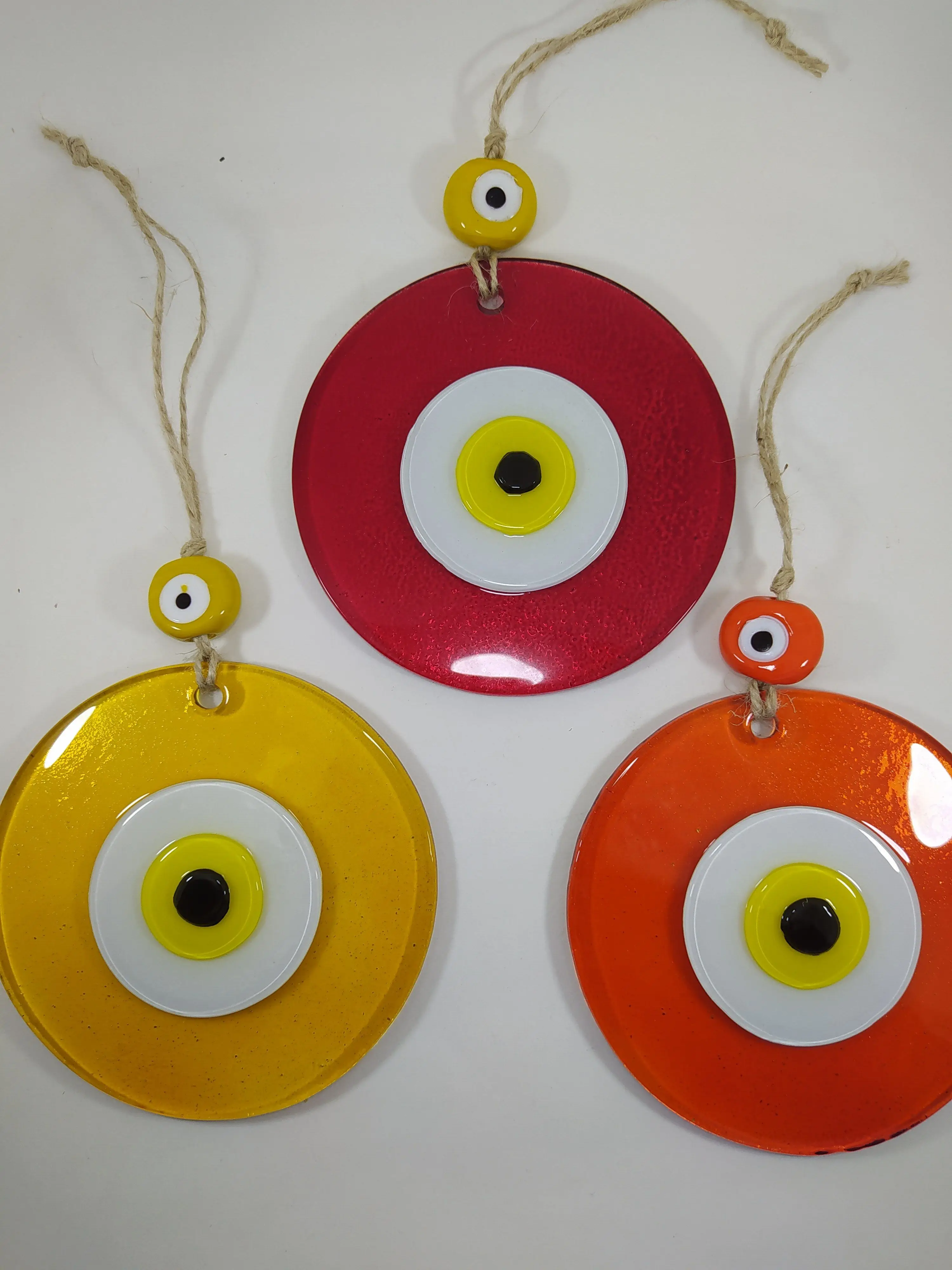 

Colorful Evil Eyes 12cm Fused Glass Beads Set of 3 Pendant Charm Turkish Handmade Big Amulet Wall Hanging Boho Home Decor