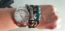 Pulsera Vintage de cuero Natural para hombre y mujer, turquesas naturales trenzadas hechas a mano, cuerda de ojo malvado, brazalete con abalorios, joyería