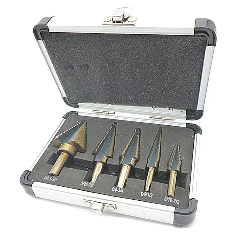 

Hight Quality 5Pcs/Set HSS Cobalt Step Drill Bit Set Wood Board Hole Cutter Cone Drill Bits Power Tool Accessories Step Drill