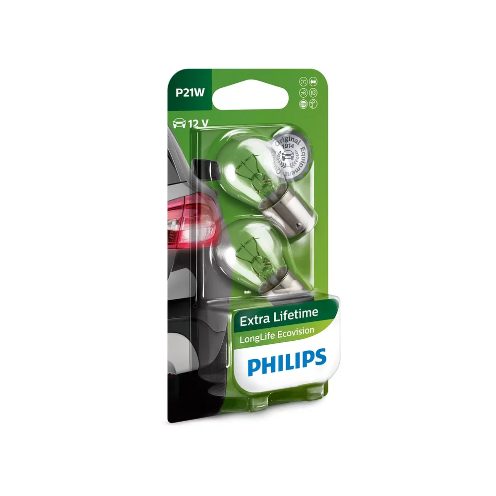 Комплект ламп накаливания блистер 2шт P21W 12V 21W BA15S LONGLIFE ECOVISION (4-х кратный срок